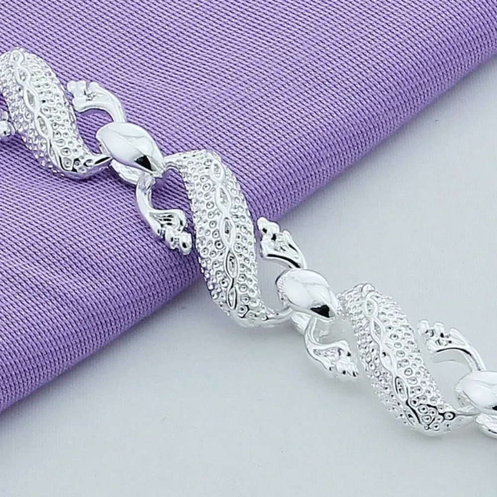 Stunning Full Big Dragon 8" Sterling Silver Stamped Bracelet - Picture 5 of 8